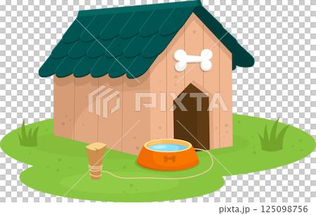 Cartoon dog house with bowl of water on green grass background, secured to a wooden stake. Cartoon dog house with bowl of water on green grass background, secured to a wooden stake. 125098756