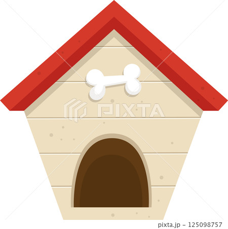 Stylized doghouse with red roof and bone emblem. A cozy shelter illustration in cartoonish style. 125098757