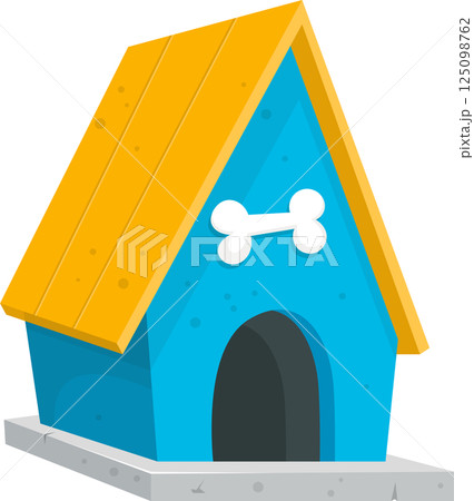 Cartoon dog house: A whimsical blue structure with a bone symbol, inviting and fun for furry friends. 125098762