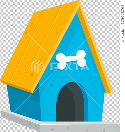 Cartoon dog house: A whimsical blue structure with a bone symbol, inviting and fun for furry friends. 125098762