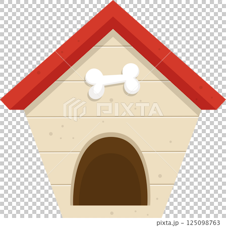 Doghouse depiction: A simple, cartoonish, structure with a red roof and bone decor. Animal friendly. 125098763