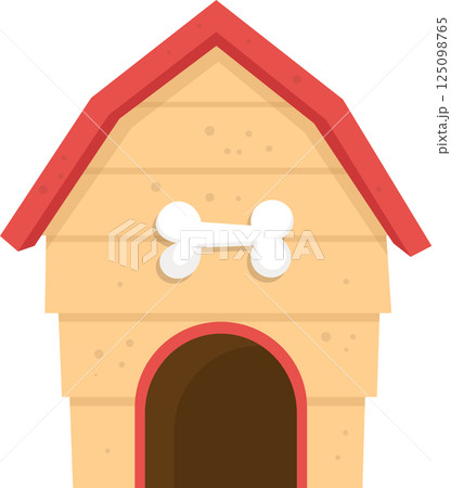 A cartoon dog house, painted tan with a red roof and a white bone graphic over a dark brown doorway. 125098765