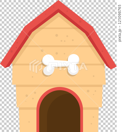 A cartoon dog house, painted tan with a red roof and a white bone graphic over a dark brown doorway. 125098765
