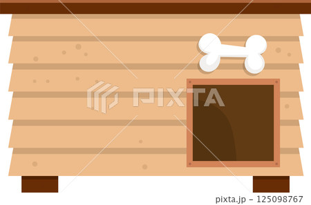 Whimsical illustration of a wooden doghouse with a bone decoration and inviting dark entrance. Cute, simple design. Whimsical illustration of a wooden doghouse with a bone decoration and inviting dark entrance. Cute, simple design. 125098767