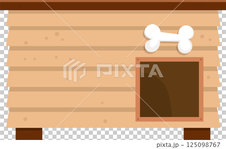 Whimsical illustration of a wooden doghouse with a bone decoration and inviting dark entrance. Cute, simple design. Whimsical illustration of a wooden doghouse with a bone decoration and inviting dark entrance. Cute, simple design. 125098767