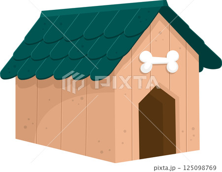 A cartoon doghouse with a bone above the door provides shelter and comfort for a canine companion. 125098769