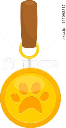 A golden medallion with a paw print hanging from a brown tag and golden ring on a black backdrop. A golden medallion with a paw print hanging from a brown tag and golden ring on a black backdrop. 125098817