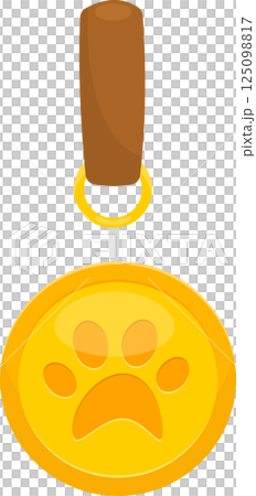 A golden medallion with a paw print hanging from a brown tag and golden ring on a black backdrop. 125098817