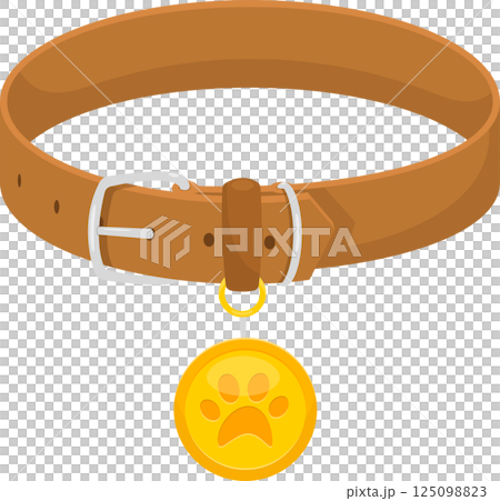 Leather pet collar with golden ID tag. Animal accessory for safety and identification with paw print. Leather pet collar with golden ID tag. Animal accessory for safety and identification with paw print. 125098823