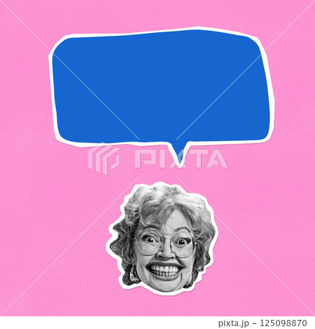Conceptual artwork. Elderly woman with exaggerated smile under blue speech bubble on pink background. Concept of energetic feedback Conceptual artwork. Elderly woman with exaggerated smile under blue speech bubble on pink background. Concept of energetic feedback 125098870
