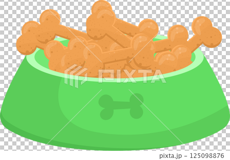 Cartoon image displaying a green dog food bowl overflowing with bone shaped treats on a black background. 125098876
