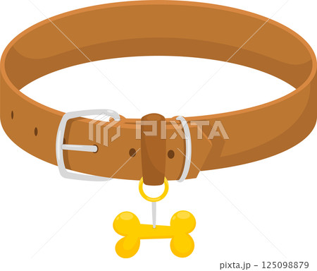 A tan dog collar with a metal buckle and a dangling gold bone-shaped tag against a black background. 125098879
