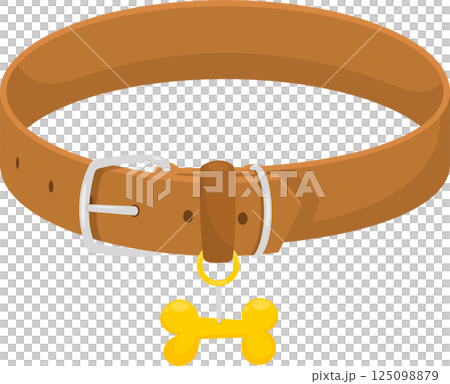 A tan dog collar with a metal buckle and a dangling gold bone-shaped tag against a black background. 125098879