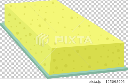 A cartoon illustration of a yellow, porous sponge sitting on top of a gray, rectangular tray. A cartoon illustration of a yellow, porous sponge sitting on top of a gray, rectangular tray. 125098903