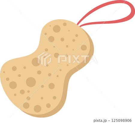 A tan-colored, porous bath sponge with a red loop, designed for cleaning and personal hygiene routines. 125098906