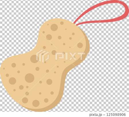 A tan-colored, porous bath sponge with a red loop, designed for cleaning and personal hygiene routines. A tan-colored, porous bath sponge with a red loop, designed for cleaning and personal hygiene routines. 125098906