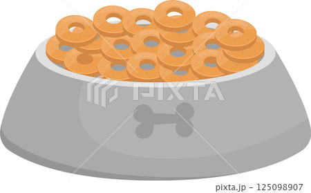 Dog bowl filled with ring-shaped treats, tempting canine companions with a delicious, crunchy snack. 125098907