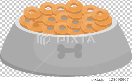 Dog bowl filled with ring-shaped treats, tempting canine companions with a delicious, crunchy snack. 125098907