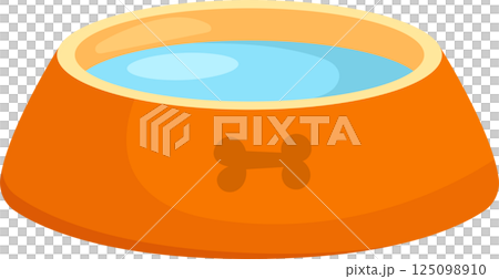 Cartoon drawing of an orange pet water bowl with a bone emblem filled with clear blue drinking water. 125098910
