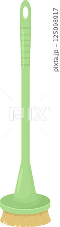 A light green dish brush with a round head and a long handle with a hole for hanging. 125098917