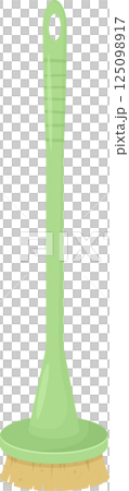 A light green dish brush with a round head and a long handle with a hole for hanging. 125098917