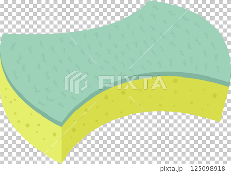 A cartoon image of a two-layered sponge with a light blue scrubbing surface and a yellow porous layer. 125098918