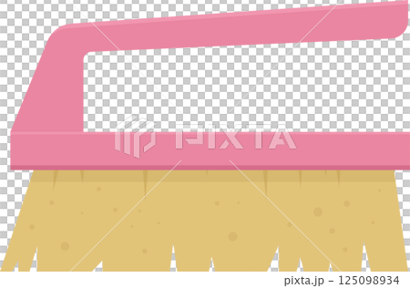 Illustration of a scrubbing brush with a pink handle and tan bristles, isolated on a black background. 125098934