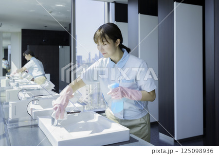 オフィスビルの洗面所の洗面台を拭く若い女性清掃員　撮影協力：学校法人電波学園 東京電子専門学校 125098936
