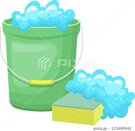 Cleaning supplies featuring a bucket filled with soapy water and a sponge covered in suds next to it. Cleaning supplies featuring a bucket filled with soapy water and a sponge covered in suds next to it. 125098942