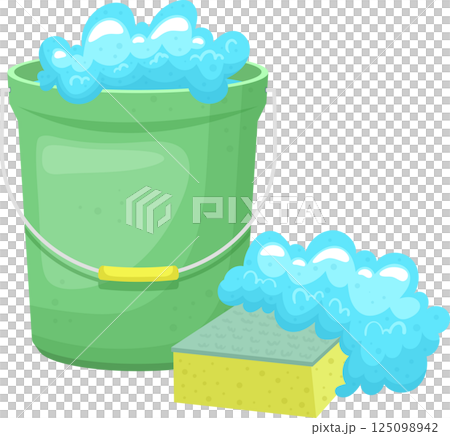 Cleaning supplies featuring a bucket filled with soapy water and a sponge covered in suds next to it. Cleaning supplies featuring a bucket filled with soapy water and a sponge covered in suds next to it. 125098942
