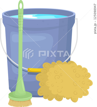 Cleaning Supplies: A bucket of water, a scrub brush, and a sponge, ready for tackling messes. 125098947