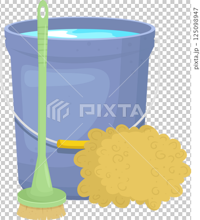 Cleaning Supplies: A bucket of water, a scrub brush, and a sponge, ready for tackling messes. 125098947