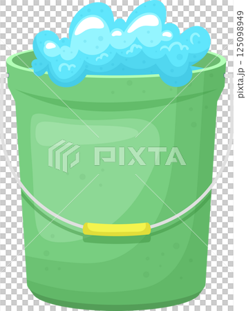 Illustration of a green bucket filled to the brim with bright blue, frothy soap bubbles and a handle. Illustration of a green bucket filled to the brim with bright blue, frothy soap bubbles and a handle. 125098949
