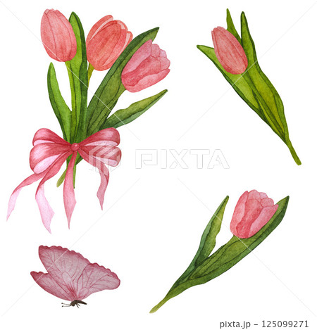 Watercolor pattern of pink tulips on a white background. Watercolor pattern of pink tulips on a white background. 125099271