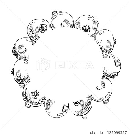 Lingonberry cranberry vector hand drawn in ink, group of scattered ripe forest berry, dew drops, bearberry teaberry. Wreath frame isolated illustration. Restaurant, dessert cafe menu, farmers market 125099337