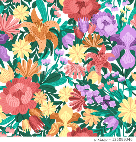 Decorative seamless pattern with spring garden flowers. Vector bunch with bright blossoms and leafy lush greens. Whimsical wildflower scene with textured petals. For spring-themed textile prints Decorative seamless pattern with spring garden flowers. Vector bunch with bright blossoms and leafy lush greens. Whimsical wildflower scene with textured petals. For spring-themed textile prints 125099346