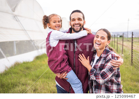 Happy family, farming and agriculture, greenhouse and field for sustainability, growth and environment in Spain countryside. Portrait of farmer parents, kid and sustainable gardening in agro industry 125099467