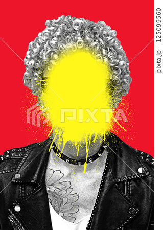 Conceptual design. Person with curly wig and leather jacket, yellow paint over face showing bold emotion and rejection. Conceptual design. Person with curly wig and leather jacket, yellow paint over face showing bold emotion and rejection. 125099560
