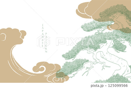 Japanese background with line bonsai tree and chinese cloud pattern vector. Abstract template with geometric wave pattern in risograph style Japanese background with line bonsai tree and chinese cloud pattern vector. Abstract template with geometric wave pattern in risograph style 125099566