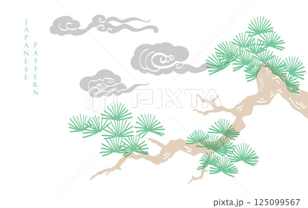 Japanese background with line bonsai tree and chinese cloud pattern vector. Abstract template with geometric wave pattern in risograph style Japanese background with line bonsai tree and chinese cloud pattern vector. Abstract template with geometric wave pattern in risograph style 125099567