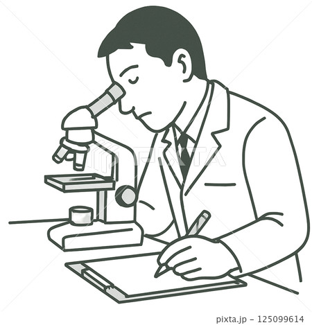 顕微鏡を覗く医師の線画イラスト、シンプルタッチ、アイコン、素材、背景なし 125099614