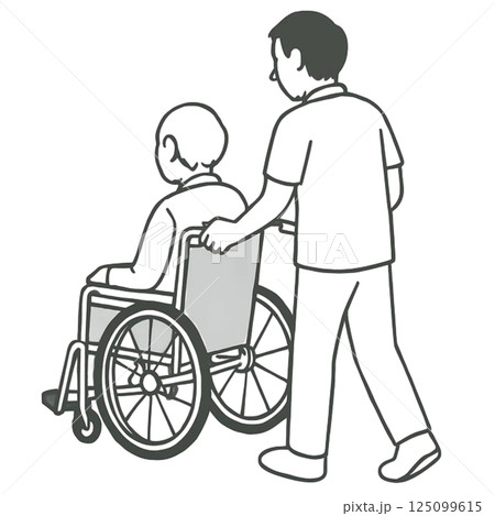 車椅子を押す介護士の線画イラスト、シンプルタッチ、アイコン、素材、背景なし 125099615