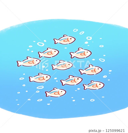 デフォルメ、小魚の群れのイラスト、アイコン、素材、背景なし 125099621