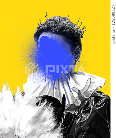 Art collage. Person in costume with gloves and feathers, blue paint covering face showing bold protest and inner emotions. 125099627