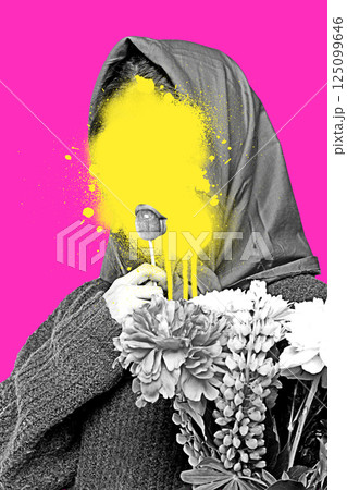 Conceptual design. Hooded person with flowers and candy, yellow paint covering face showing quiet protest and hidden feelings. Conceptual design. Hooded person with flowers and candy, yellow paint covering face showing quiet protest and hidden feelings. 125099646