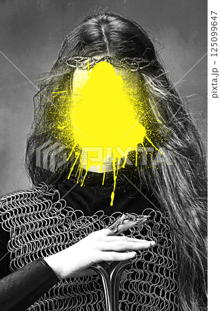 Contemporary art collage. Woman in chainmail and crown holding sword, yellow paint on face showing strong protest and lost identity. Contemporary art collage. Woman in chainmail and crown holding sword, yellow paint on face showing strong protest and lost identity. 125099647