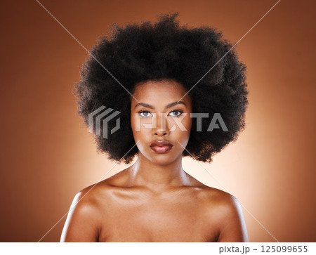 Black woman, face and afro for natural hair care wellness for beauty. African girl model, facial glow or skin healthcare, confident and proud portrait for healthy cosmetics dermatology in studio Black woman, face and afro for natural hair care wellness for beauty. African girl model, facial glow or skin healthcare, confident and proud portrait for healthy cosmetics dermatology in studio 125099655