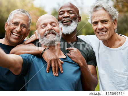 Friends, fitness and exercise with a senior man group outdoor together for a workout or training. Portrait, happy and health with a male athlete and friend exercising outside for a healthy lifestyle 125099724