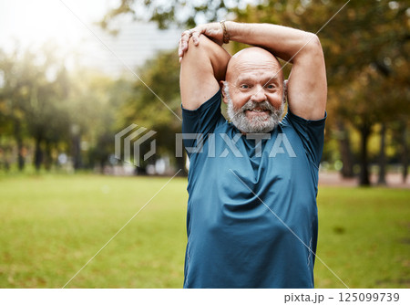 Elderly man, fitness and stretching arms for workout, exercise or training in the nature outdoors. Senior male in wellness for warm up arm stretch at the park for healthy exercising or sports outside Elderly man, fitness and stretching arms for workout, exercise or training in the nature outdoors. Senior male in wellness for warm up arm stretch at the park for healthy exercising or sports outside 125099739