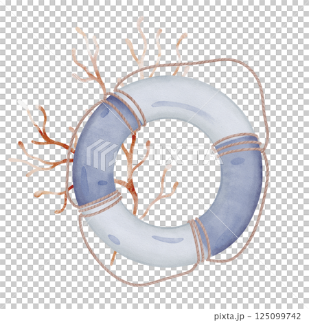 Watercolor illustration sea lifebuoy light blue and white safeties ring with rope. Hand drawn composition with marine rescue equipment and Seaweed isolated on white background for babes production. Watercolor illustration sea lifebuoy light blue and white safeties ring with rope. Hand drawn composition with marine rescue equipment and Seaweed isolated on white background for babes production. 125099742